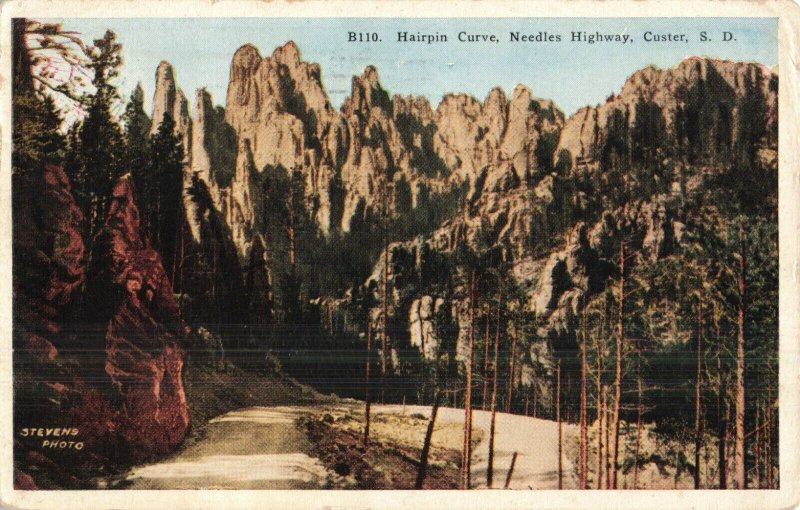 Circa 1929 Hairpin Curve, Needles Highway, Custer, South Dakota Postcard