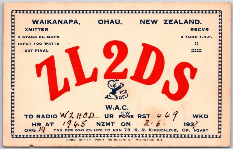 Radio Card Waikanapa Ohau New Zealand ZL2DS Radio W2HOD Postcard