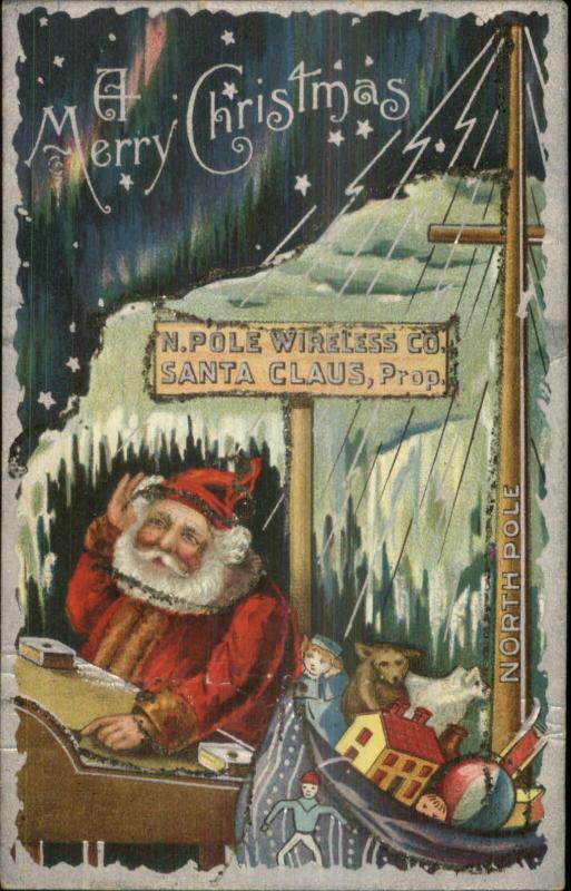 Christmas Santa Claus Wireless Station North Pole c19190 Postcard - Glitter