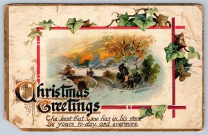 Christmas Greetings, Rural Winter Scene, Ivy, Antique 1914 Tuck Postcard