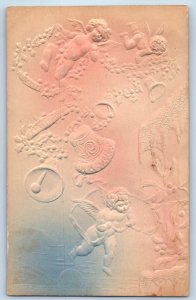 1908 Christmas Angels Holly Berries Bells Airbrushed Embossed Arion IA Postcard