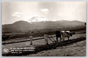 Mexico City Farmers Plowing Volcano Popocatepetl In Distance RPPC Postcard C35