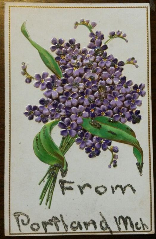 Portland Michigan~Bouquet of Embossed Forget-Me-Nots~Glitter Added~c1910 Pc