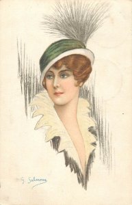 Lovely drawn lady with fancy hat Italian illustrator postcard G. Salmoni 1918