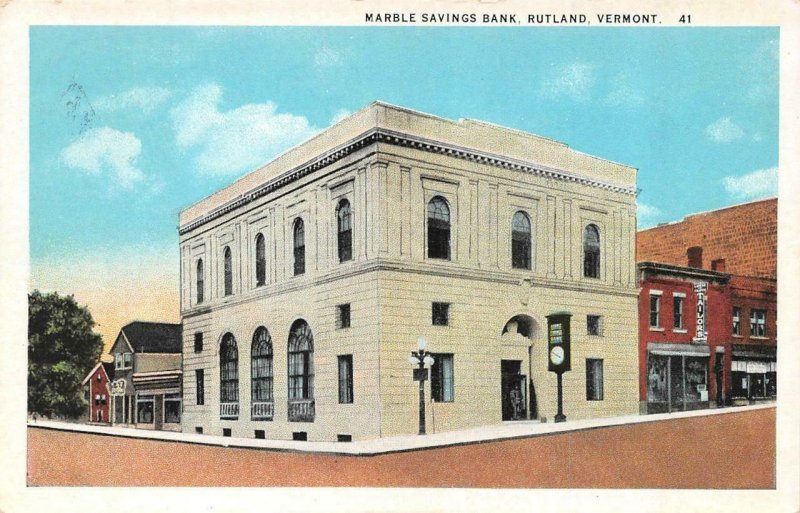 RUTLAND, Vermont VT   MARBLE SAVINGS BANK Street View~Tailors  ca1920's Postcard