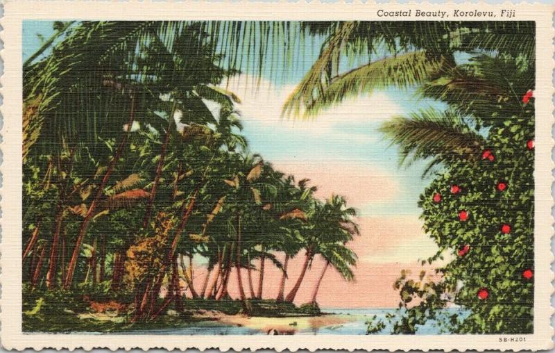 Coastal Beauty Korolevu Fiji Palm Trees UNUSED Vintage Linen Postcard D99