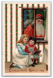 Christmas Postcard Greeting Children Santa Claus On Window Embossed Antique