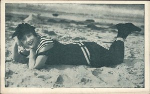 Burlesque? Bathing Beauty Woman Lying on Beach Smiling c1910 Postcard