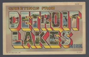 Greetings from Detroit Lakes, Minn. Large letter Curt Teich linen card