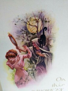Vintage Halloween Postcard Witch Holding Mirror Black Cat Gibson Unused Original