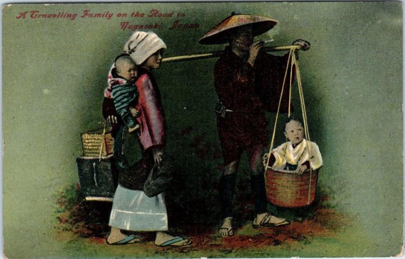 NAGASAKI, JAPAN  ~ Family Group TRAVELING on the ROAD  c1910s Postcard