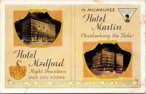 Linen Postcard Hotel Medford and Hotel Martin in Milwaukee, Wisconsin~136564