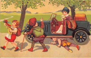 CHILDREN CAR MECHANIC MANDOLIN DOG COMIC NETHERLANDS POSTCARD (c. 1930)