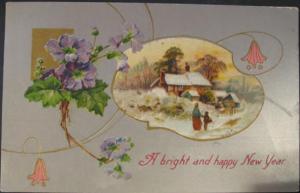 New Year Embossed Winter Scene c1910 Postcard