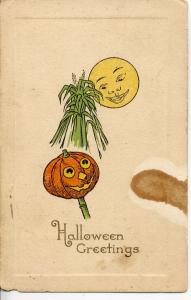 VINTAGE POSTCARD HALLOWEEN GREETINGS MAN IN THE MOON
