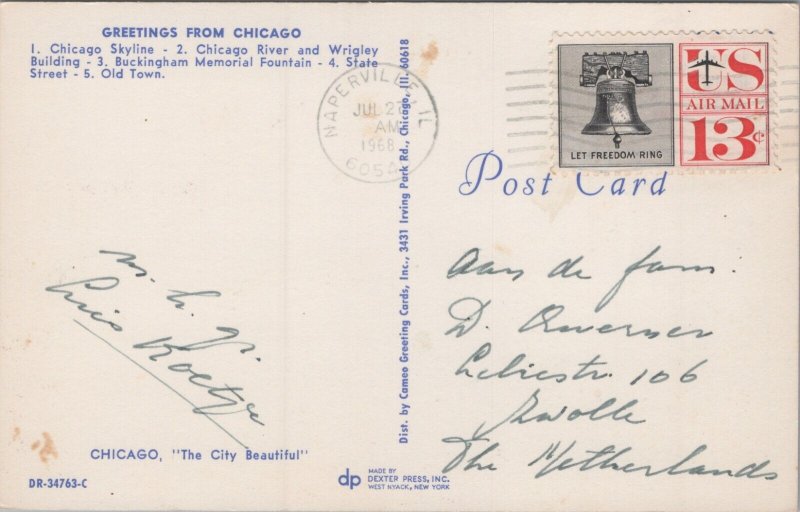 USA Illinois Chicago Greetings Skyline, River... Vintage Postcard C352