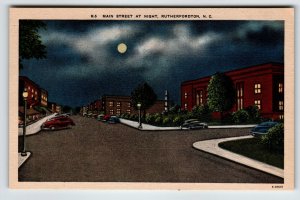 Main Street Rutherfordton North Carolina Postcard Moon Light Night Linen Old Car