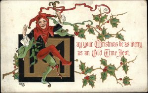 HBG HB Griggs Christmas Jester Dancing Holly c1910 Vintage Postcard