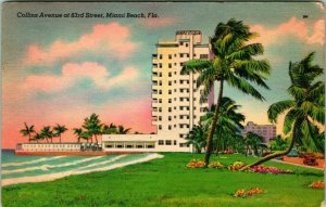 Vtg Linen Postcard - Miami Beach Florida FL - Collins Avenue at 63rd Street