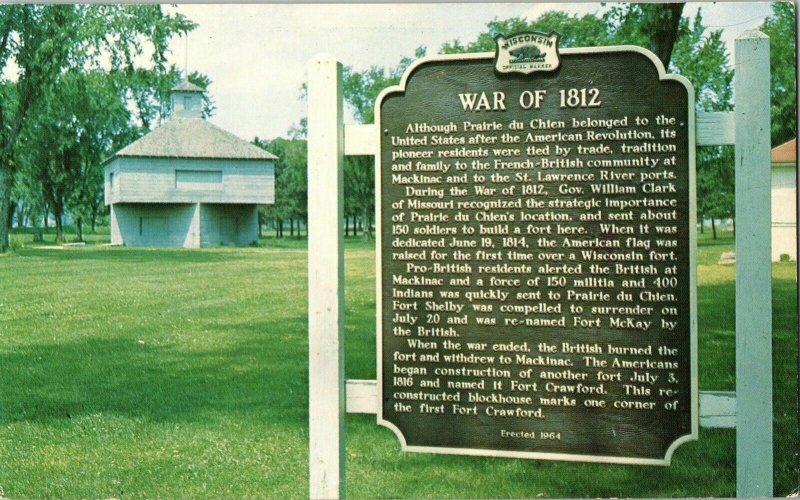 War of 1812 Paririe Du Chien Wisconsin Sign Historic Old Fort 1800s Postcard VTG