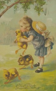 1910s Child Kissing Angry Chicks Antique Vintage Easter Postcard Germany EAS