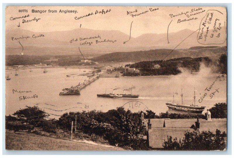 1911 Ship Sailing Bangor from Anglesey Wales Unposted Antique Postcard