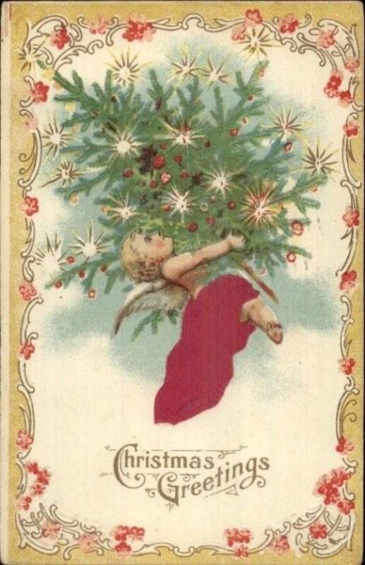 Christmas Cherub w/ Decorated Tree REAL SILK c1910 Postcard rpx