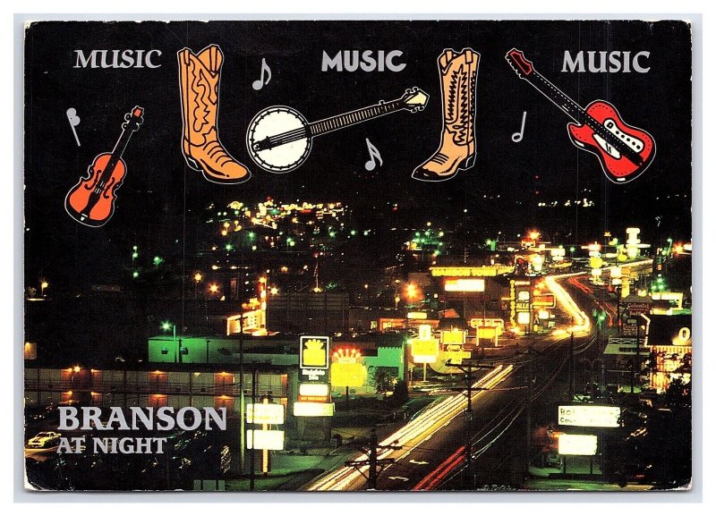 Branson Missouri At Night Music City Postcard Continental Aerial View Card