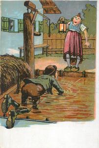 Couple humour caricatures wife waiting drunk husband lamp old card NOT postcard