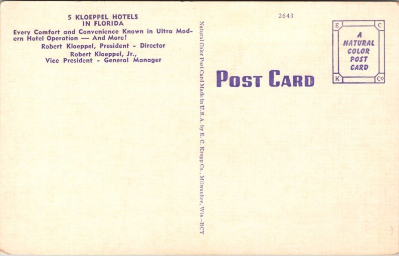 Linen Postcard Kloeppel Hotel Chain West Palm Beach Jacksonville Florida