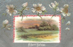 Vintage Postcard 1910's A Happy Birthday Countryside Field Lake Nature Greetings 