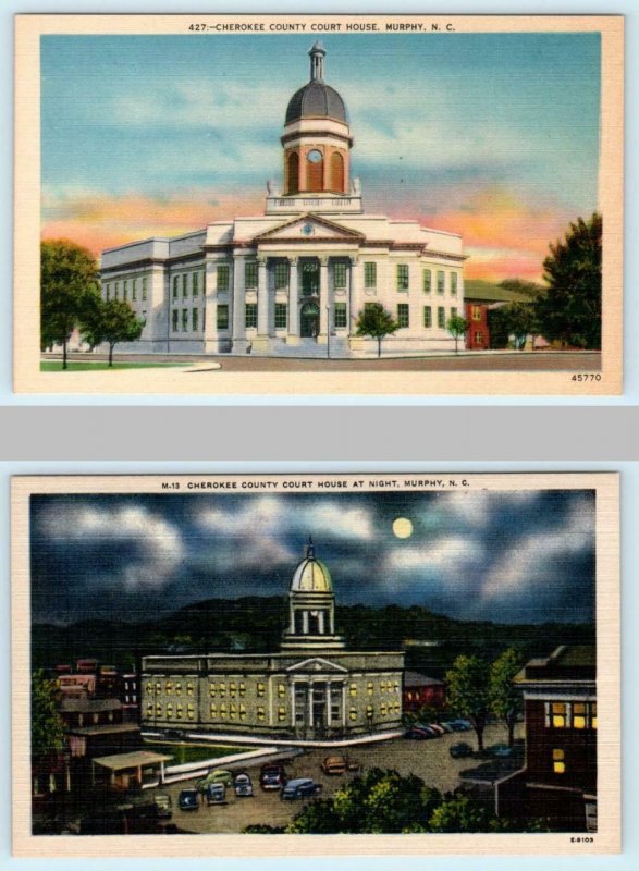 2 Postcard MURPHY, North Carolina NC ~ Day/Night CHEROKEE COUNTY COURT HOUSE
