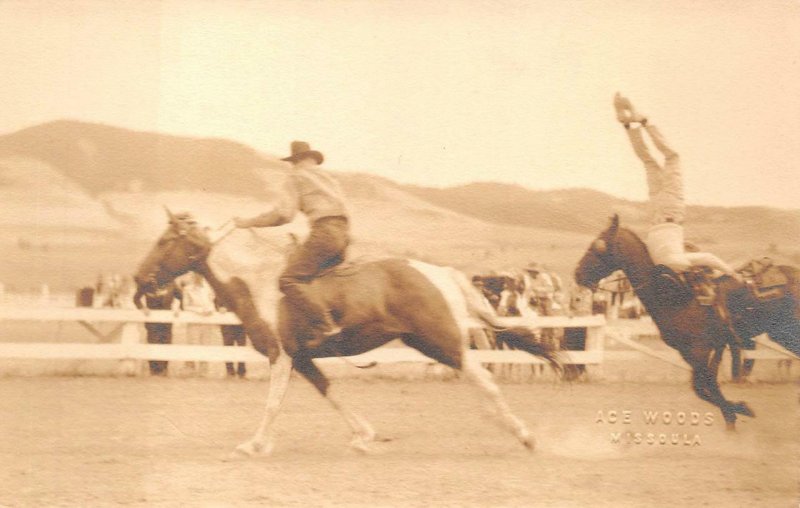 RPPC WESTERN COWBOY RODEO HORSES MONTANA ACE WOODS REAL PHOTO POSTCARD (c. 1915)