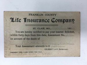 1913 Franklin County Insurance Assessment Collection Postcard Received Payment