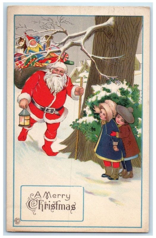 1921 Christmas Santa Claus Sack Of Toys Children In Winter Trenton NJ Postcard