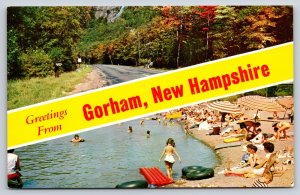 Banner~Greetings From Gorham New Hampshire~Road & Beach Scenes~Vintage Postcard