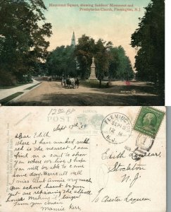 FLEMINGTON N.J. MONUMENT SQUARE & CHURCH 1909 ANTIQUE POSTCARD w/ CORK CANCEL