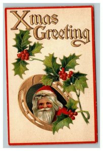 Vintage 1910's Postcard - Santa Claus Golden Horseshoe Mistletoe Holly Berries