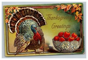 Vintage 1910's Thanksgiving Postcard Large Turkey Autumn Leaves Red Apples NICE