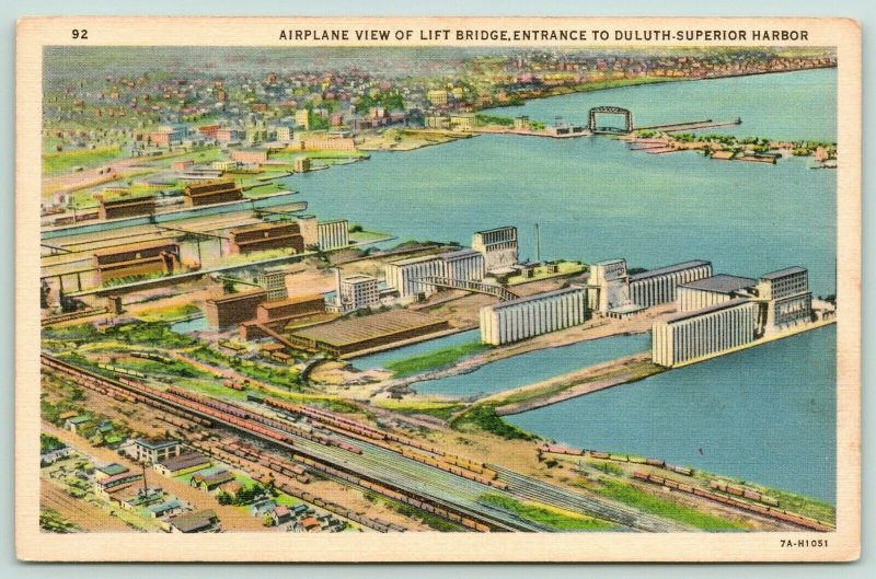 Duluth Minnesota~Lift Bridge~Harbor Entrance~Peavey Elevator~RR Yards~1937 Linen 