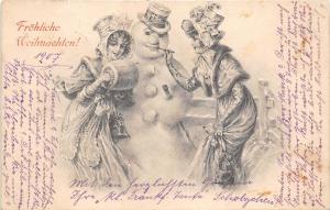 BG8417 women with snowman  weihnachten christmas greetings germany