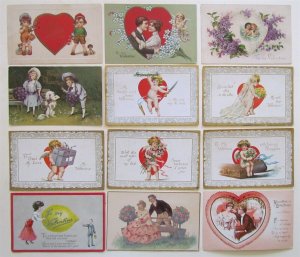LOT of 12 VALENTINE ANTIQUE EMBOSSED POSTCARDS w/ CUPIDS DOG COUPLES