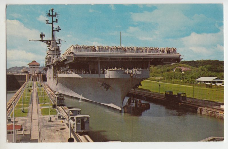 P2548, vintage postcard military aircraft carrier valley forge panama canal