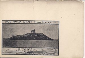 Lynn MA. Egg Rock Lighthouse, Woodblock Print, Pre 1907, Sail Boat, Light House