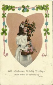 Sweet Little Girl in White Dress with Pink Roses and Plant Birthday Wishes 1911