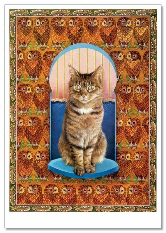 Striped CAT Eagle owl Pattern Design by Ivory NEW Russian Postcard
