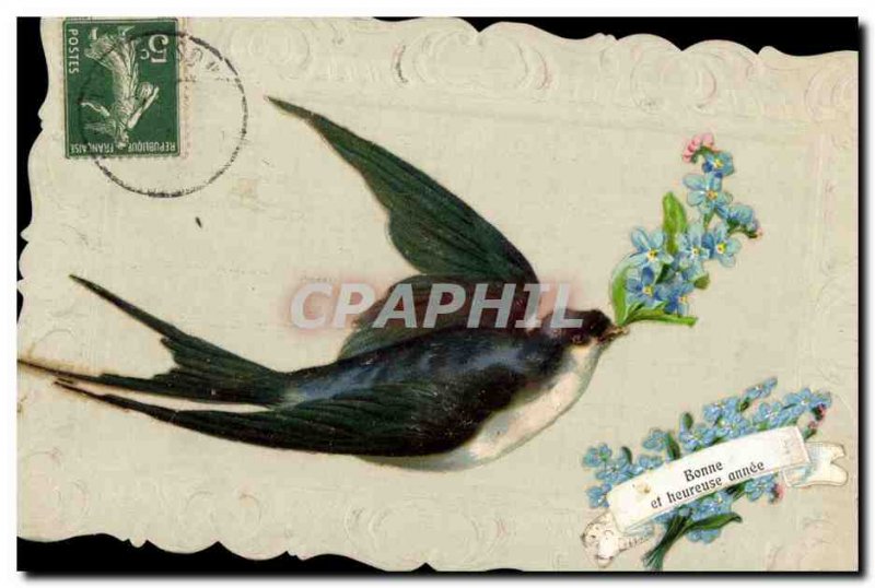 Old Postcard Fantasy Flowers Swallow