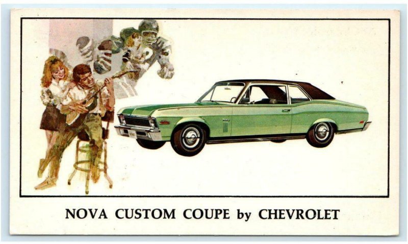 CHEVROLET NOVA CUSTOM COUPE 1970 Guitar, Football Player Advertising Postcard