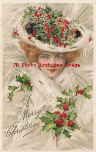 Christmas, Winsch No WIN20-1, Schmucker, Pretty Woman Decorated with Holly