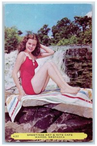 Wahoo Nebraska NE Postcard Greetings Day And Nite Cafe Advertisement c1960 Woman